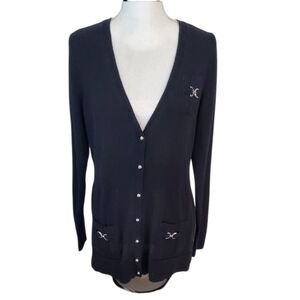 White House Black Market Black Long Sleeve Cardigan with Silver Accents Size L